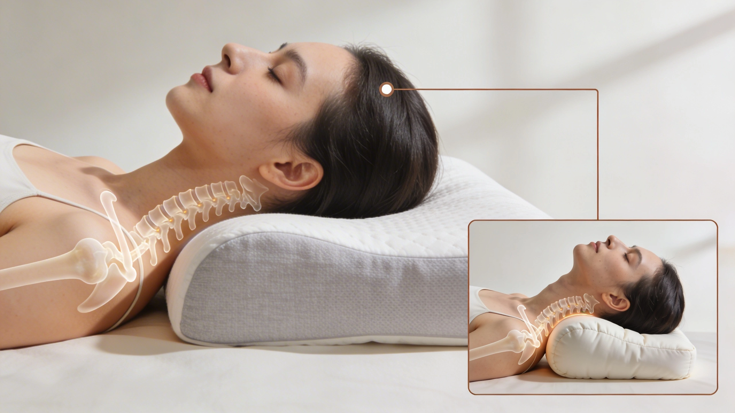 Adjustable pillow materials: memory foam, shredded foam, latex, and down alternatives visual: Side-view illustration of a person lying on their side with a properly adjusted pillow, showing a straight line from head through spine. Next to it, a smaller panel shows an overstuffed pillow creating neck bend. Clean medical-style diagram, soft colors, focus on neck support and spinal alignment.