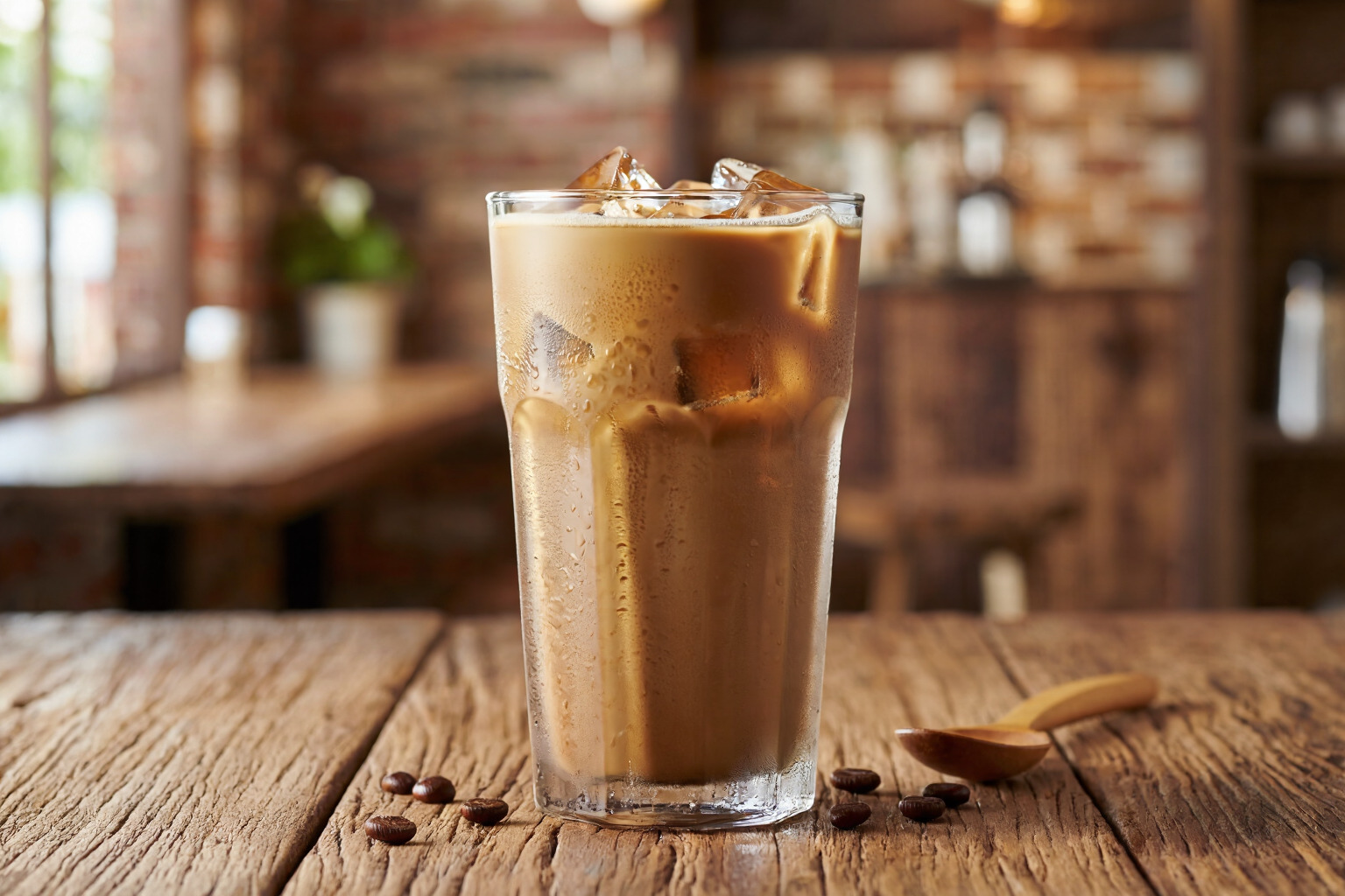 Food and beverage example prompt result showing a glass iced coffee with condensation on a wooden table