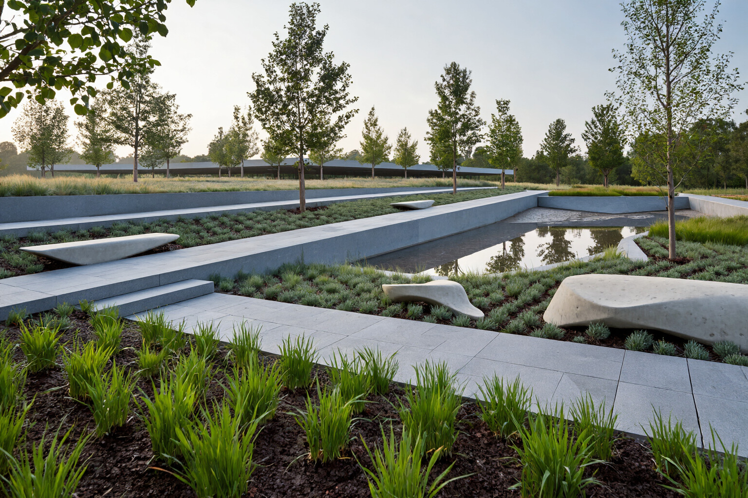 Landscape architecture example prompt result showing a contemporary public garden with layered paths and reflecting pool
