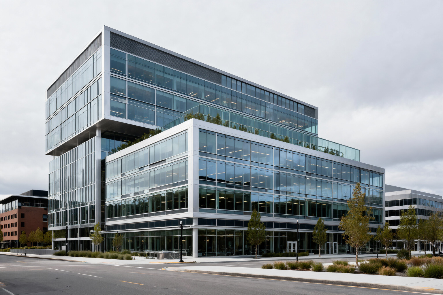 Architecture example prompt result showing a contemporary office tower with reflective glass and brushed steel accents