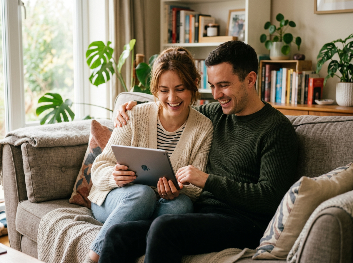 Smiling couple comfortably sitting on a couch browsing an online store on a tablet.