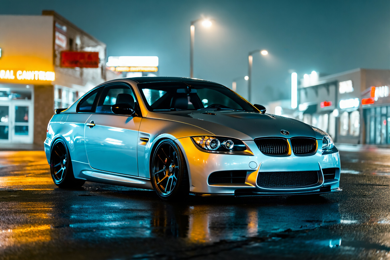 Automotive example prompt result showing a silver performance coupe on a wet neon-lit city street