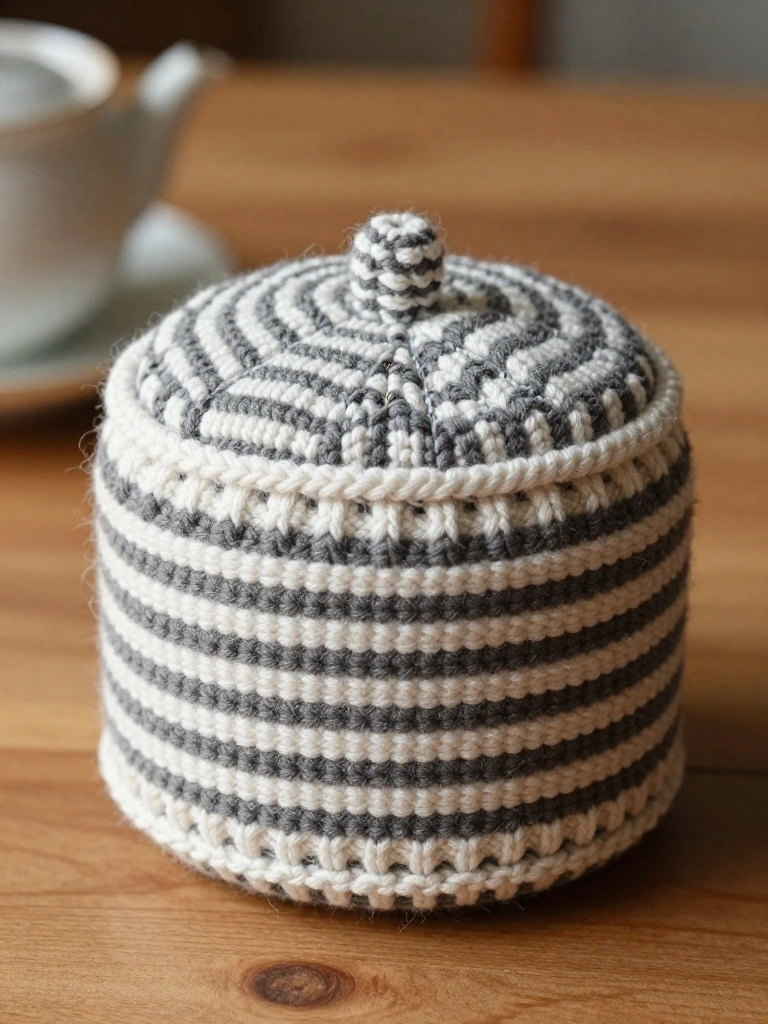 A black and white striped knitted cylindrical cozy with lid and top knob on a wooden table next to a white teapot and saucer.