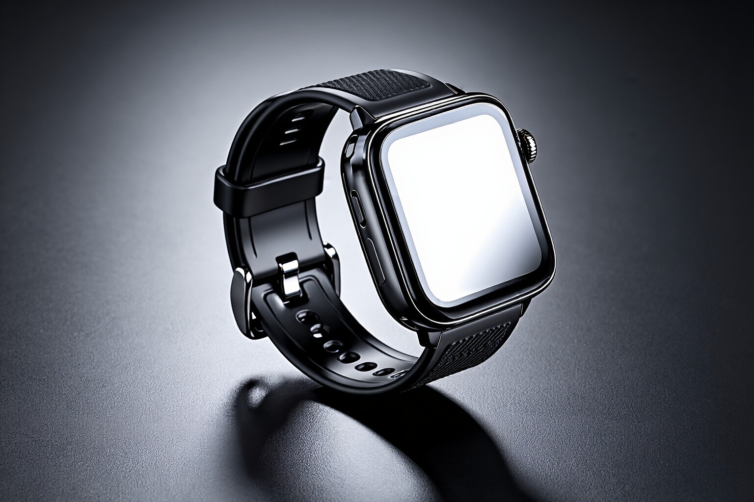 Product design example prompt result showing a black smartwatch on a dark reflective surface
