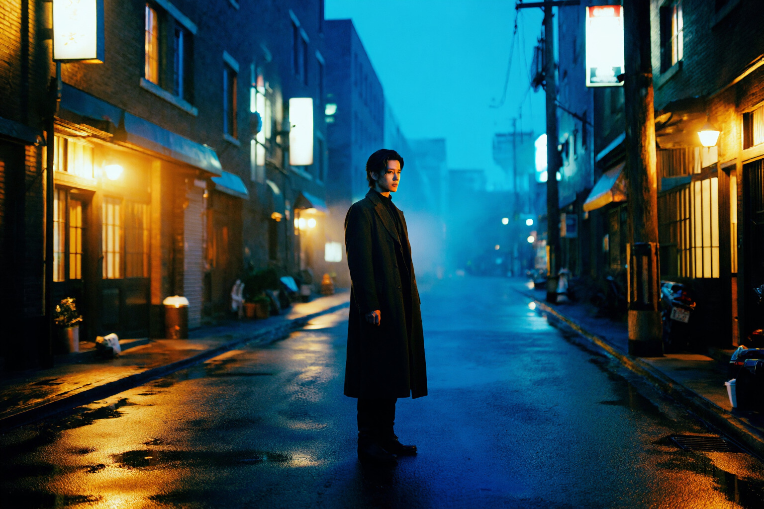 Cinematic character example prompt result showing a solitary figure in a narrow alley at night