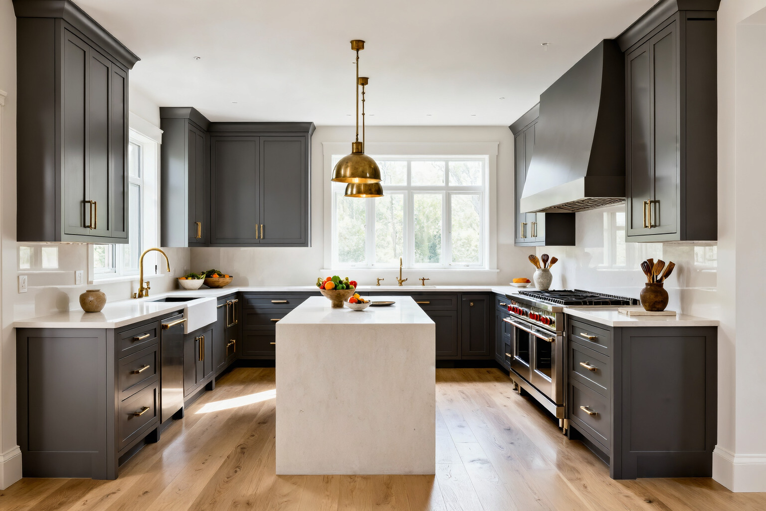 Interior design example prompt result showing a luxury kitchen with matte gray cabinetry and brushed brass fixtures