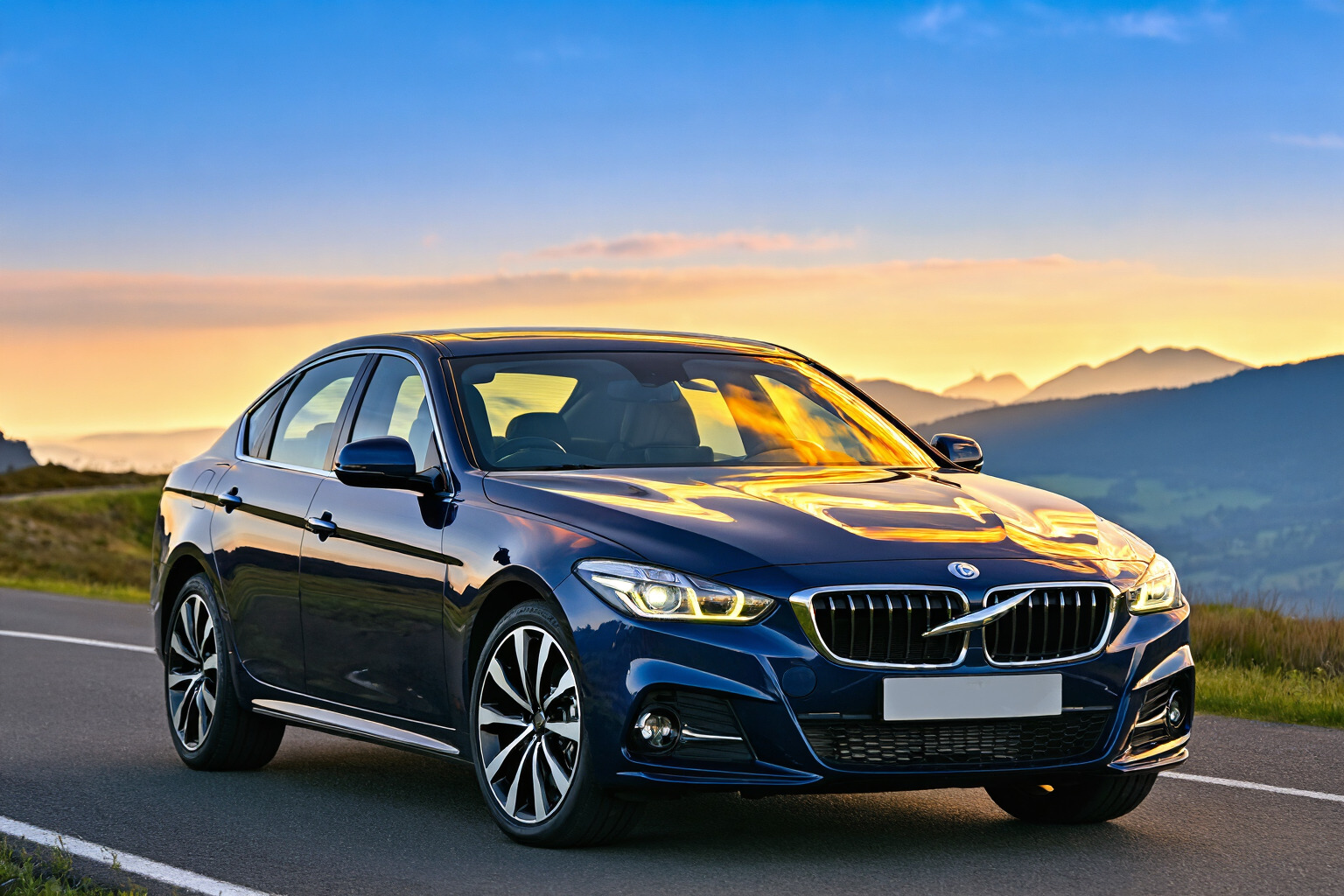 Automotive example prompt result showing a dark blue luxury sedan driving along a mountain road at sunrise