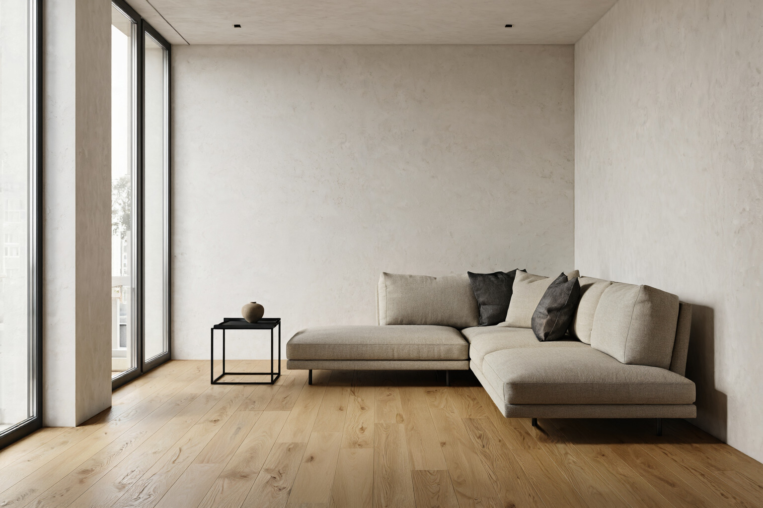 Interior design example prompt result showing a modern living room with pale oak flooring and muted neutral tones