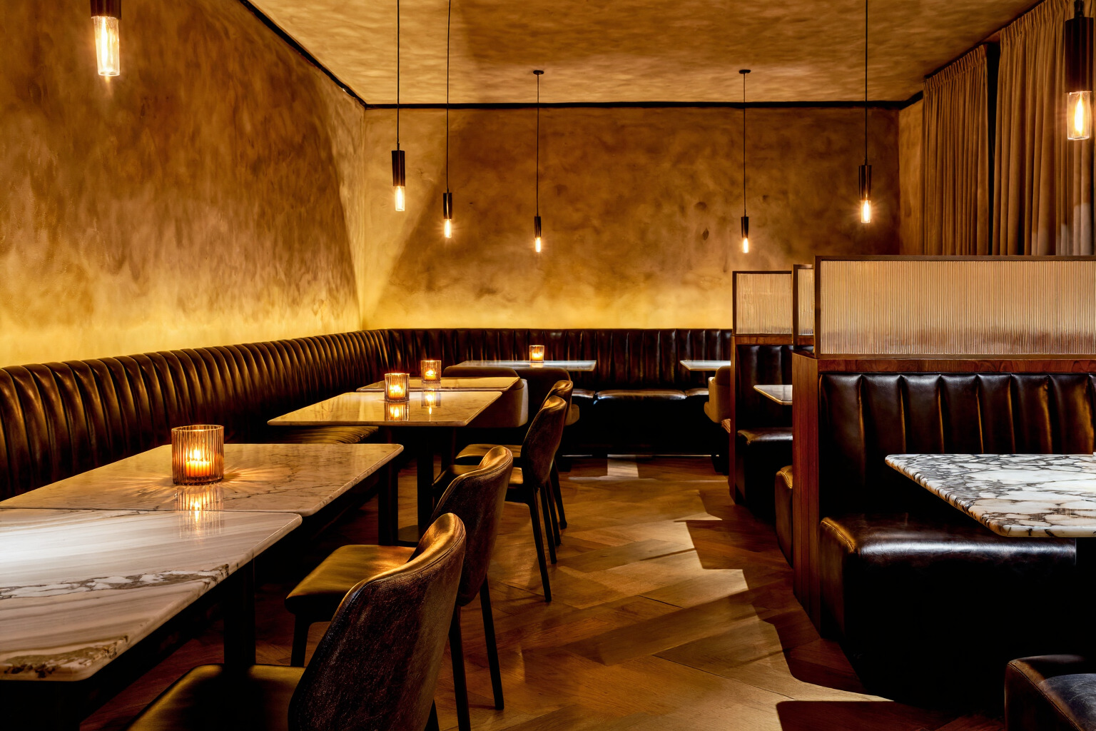 Hospitality example prompt result showing an upscale restaurant interior with leather banquettes and marble tabletops