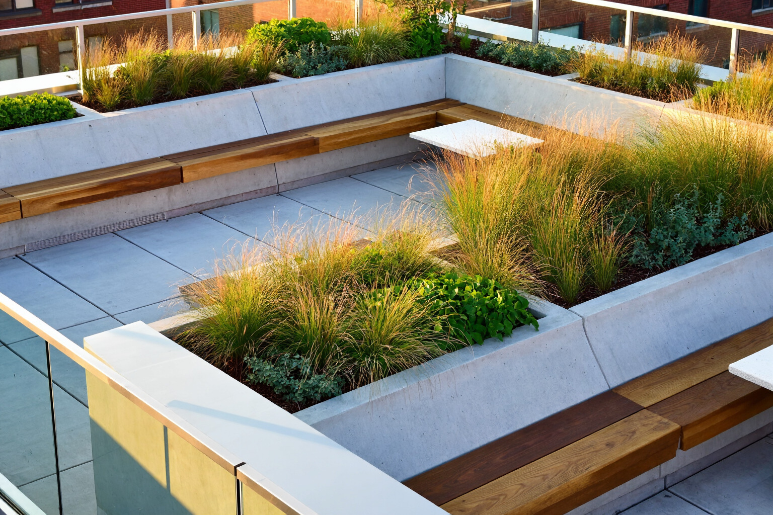 Landscape architecture example prompt result showing an urban rooftop terrace with planters and seating at golden hour