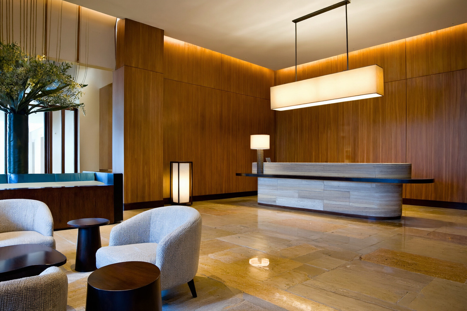Hospitality example prompt result showing a boutique hotel lobby with warm wood and polished stone