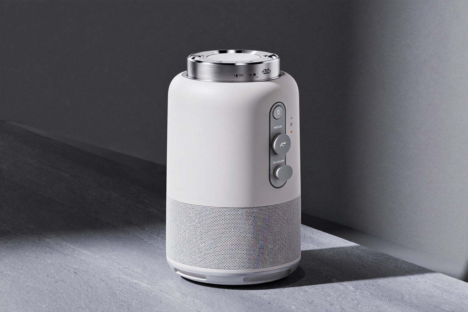 Product design example prompt result showing a matte white wireless speaker on a smooth gray stone surface