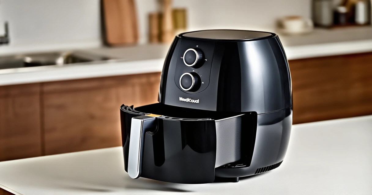 Moderni airfryer keittiön tasolla kori ulosvedettynä