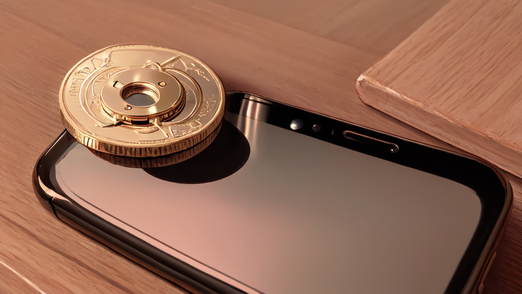 a single coin and a smartphone on a wooden desk in warm morning light
