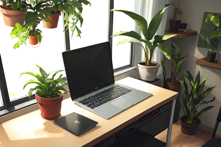 A laptop beside a small plant on a desk