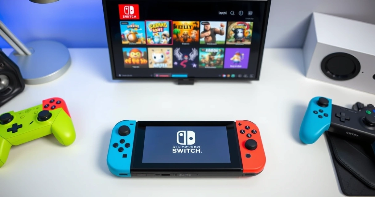 Nintendo Switch konsoli työpöydällä indie-pelien kanssa