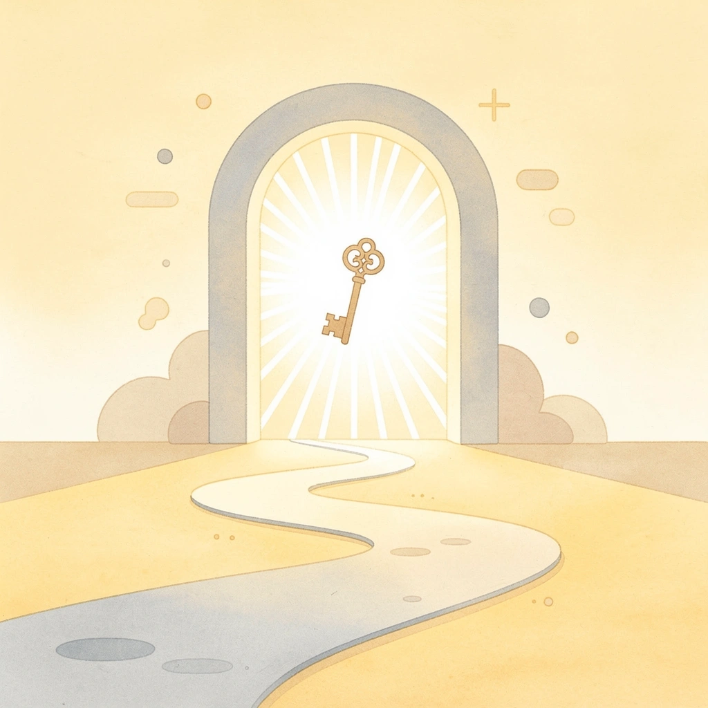 Gateway scene showing an opening door revealing a bright opportunity beyond