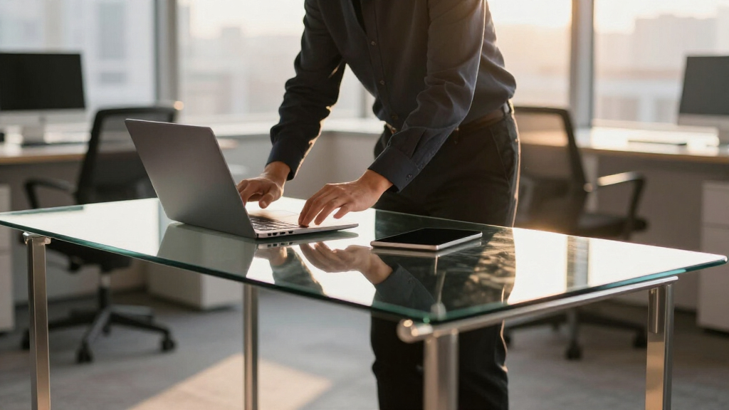Glass top standing desk for client facing office
