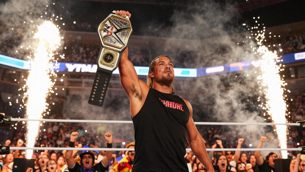 WWE champion raising championship belt in arena — representing Roman Reigns' historic championship reign