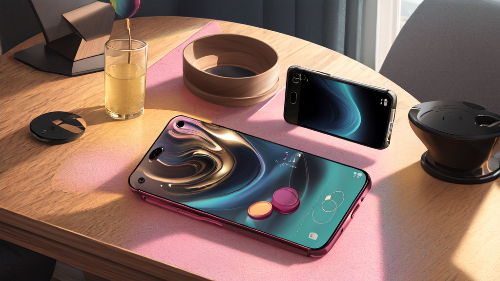 A smartphone on a desk beside abstract colorful tokens