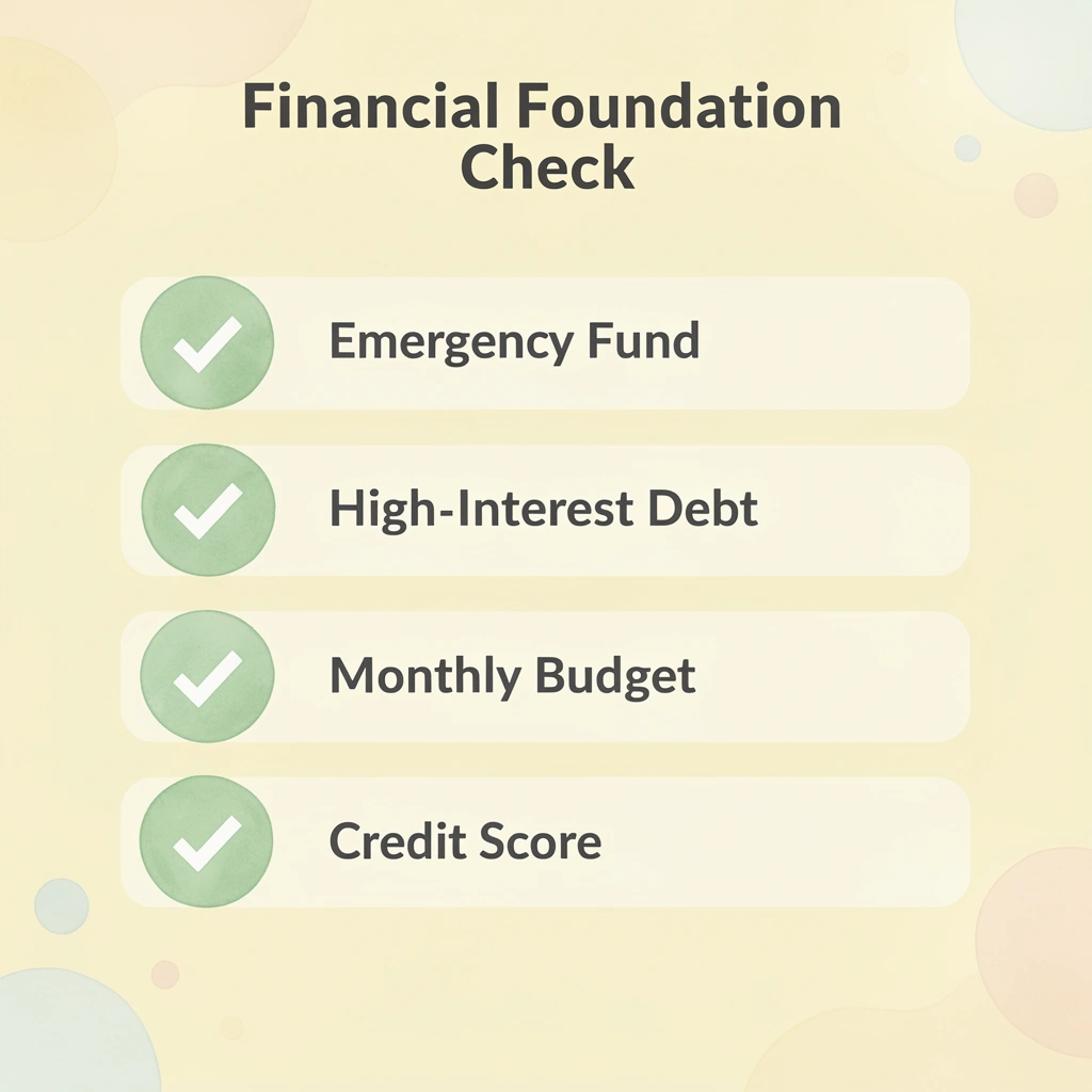 Checklist infographic showing five financial foundation requirements before investing