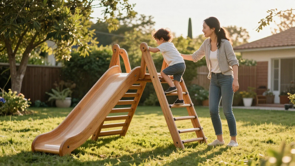 wooden climbing arch with slide ramp
