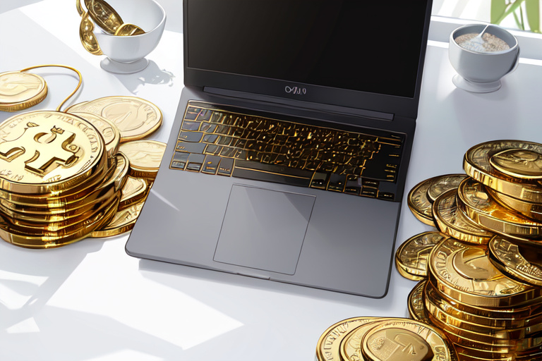 Gold coins resembling cryptocurrency beside a laptop on a desk