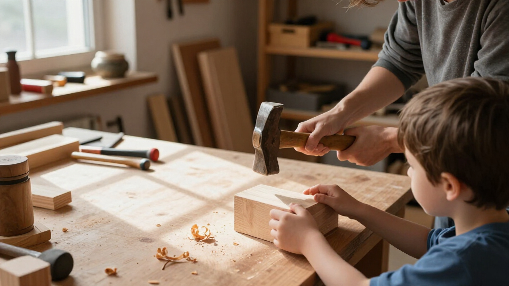 wooden hammer pounding bench