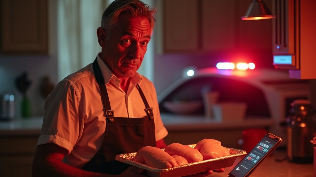 Confused man holding chicken in a kitchen while his phone flashes emergency alerts