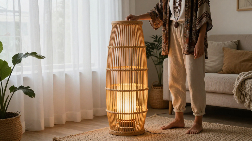 rattan floor lamp boho