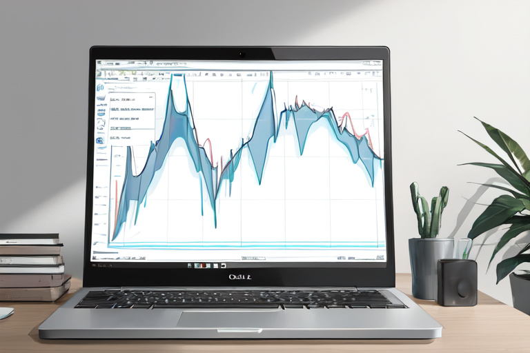 A laptop showing a line chart on a desk