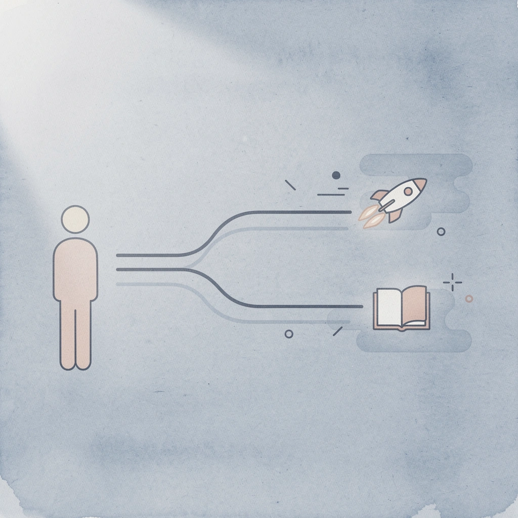Icon showing a guest experience splitting into two contrasting outcomes
