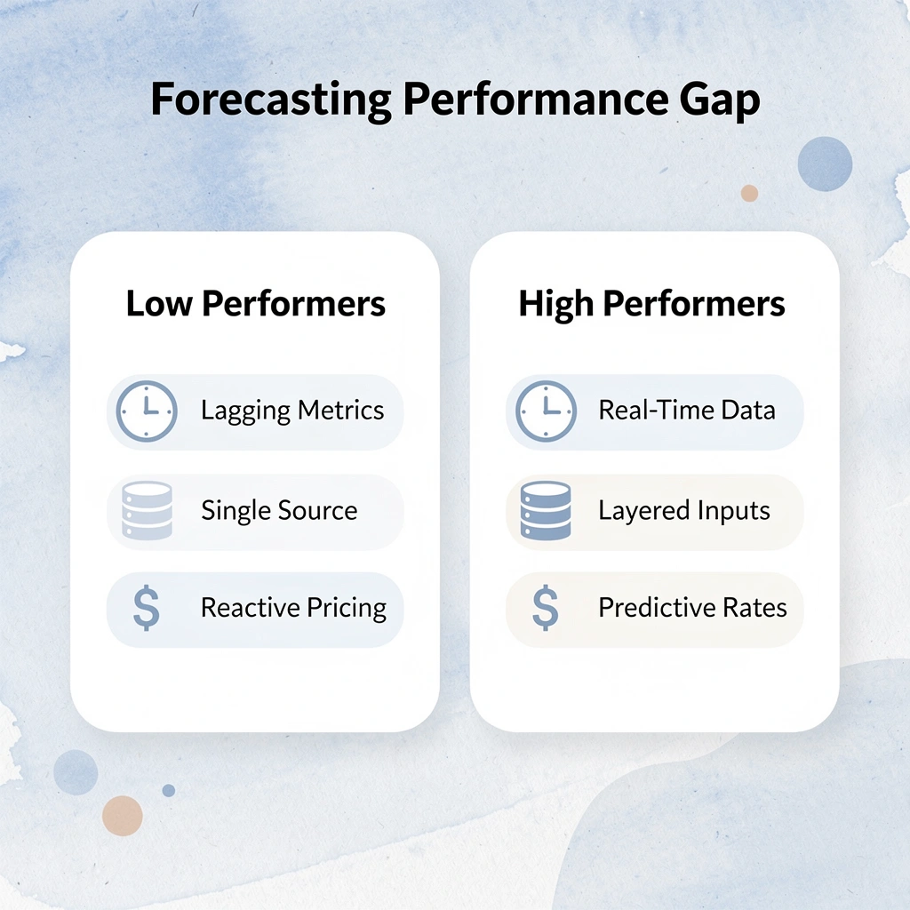 Two-column comparison infographic contrasting low and high-performing hotel forecasting teams