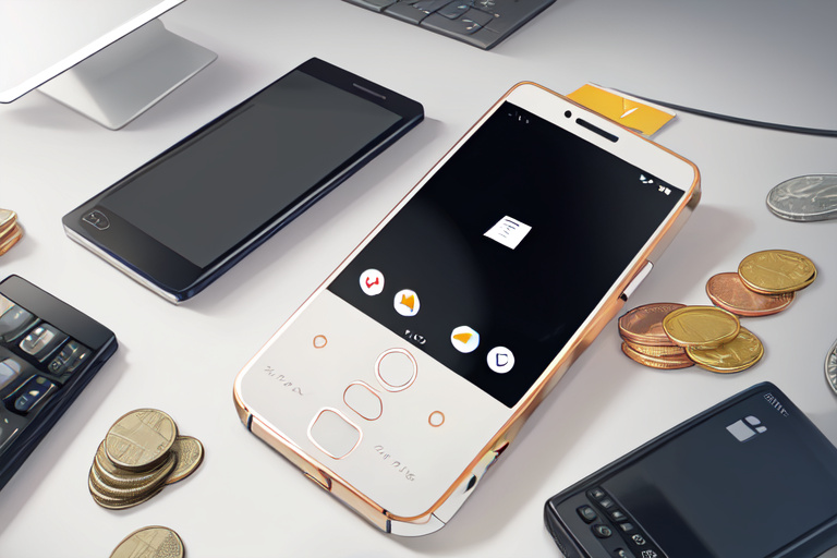 A smartphone a bank card and a few coins with a curved arrow on a desk