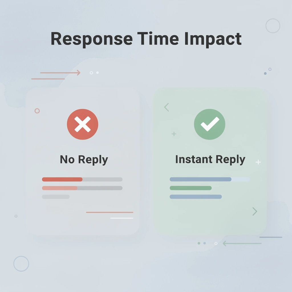 Before and after infographic comparing no reply versus instant reply outcomes