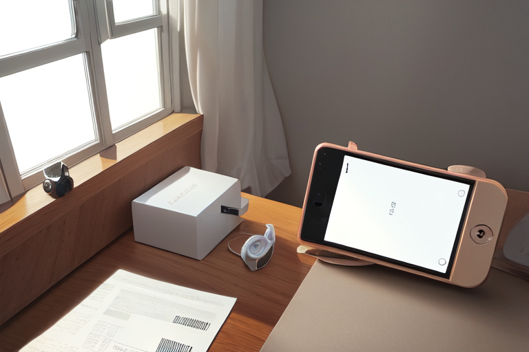 A small clock beside a smartphone and a bank card on a desk