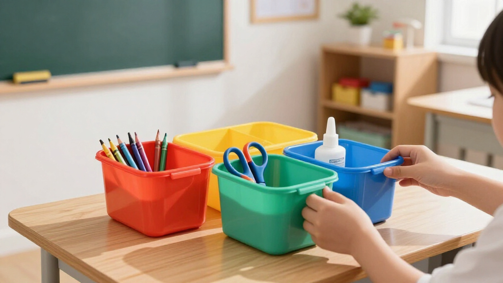 school supplies organization bins