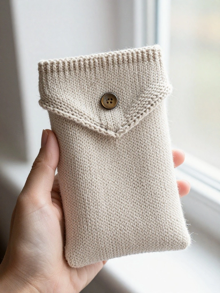 A hand holds a creamy beige knitted rectangular sleeve with ribbed edges and a flap secured by a wooden button, sized to fit a smartphone.