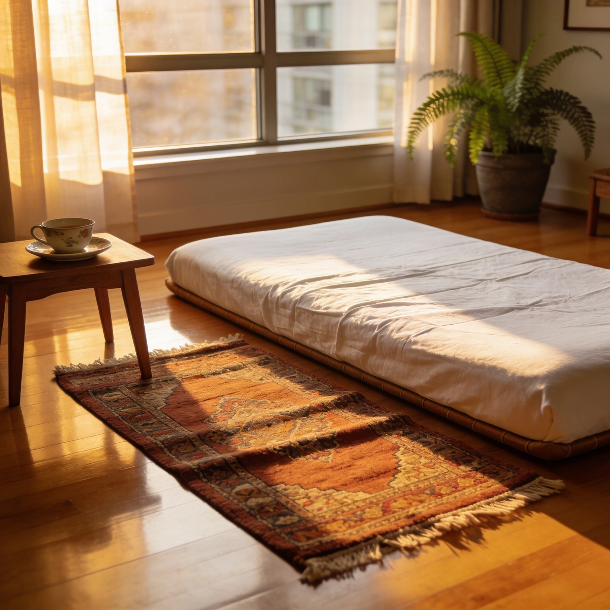 What Is an Indian Style Mattress and Why It’s Popular in Canada visual: Cozy bedroom in a Canadian condo with a low Indian style mattress directly on a hardwood floor, thin and firm with a simple cotton cover. A traditional Indian cotton rug and small side table with tea hint at Indian influences. Evening light, warm tones, inviting but minimalist atmosphere. Photorealistic, wide-angle composition.