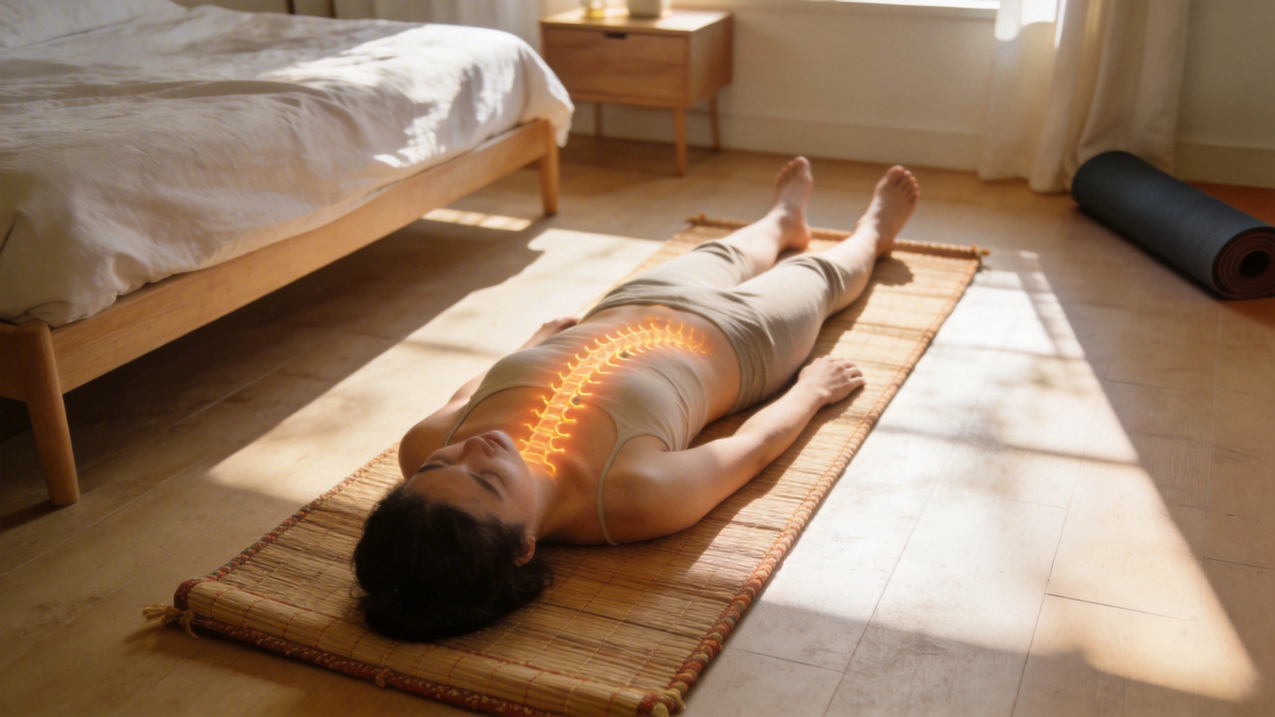 Key Features of an Authentic Indian Style Mattress in Canada visual: Calm bedroom scene with a person lying on their back on a thin Indian style mattress on the floor, spine highlighted subtly to show neutral alignment. Minimal furniture, soft morning light, and a yoga mat in the corner emphasize wellness and posture benefits. Photorealistic with a gentle, health-focused mood.