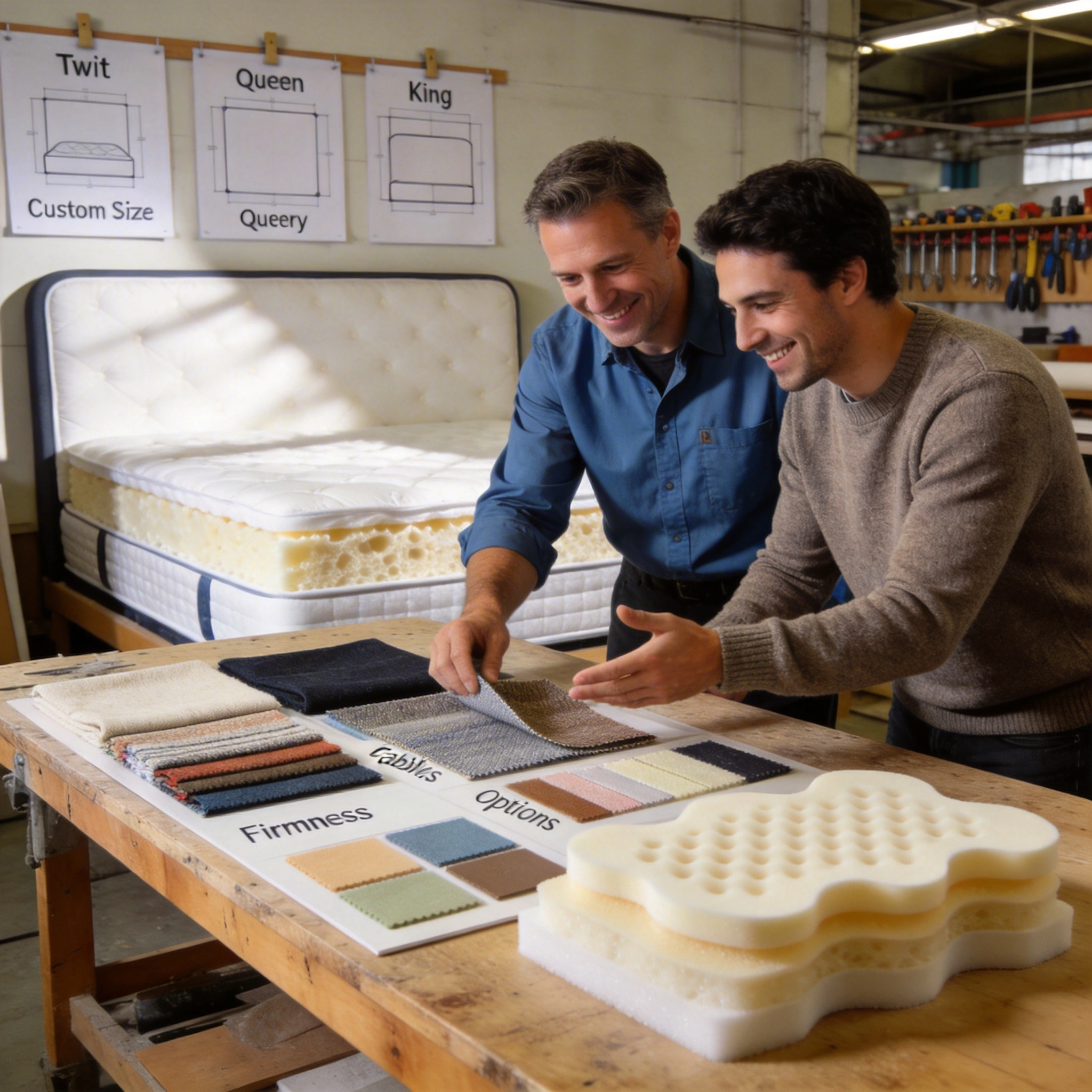 Customization and Special Orders at a Mattress Factory Surrey visual: Mattress technician in a Surrey factory working with a customer, showing fabric swatches, firmness options, and layered foam samples on a workbench. Custom size diagrams on the wall, a partially built mattress nearby. Warm, approachable atmosphere, realistic style, focus on collaboration and customization.