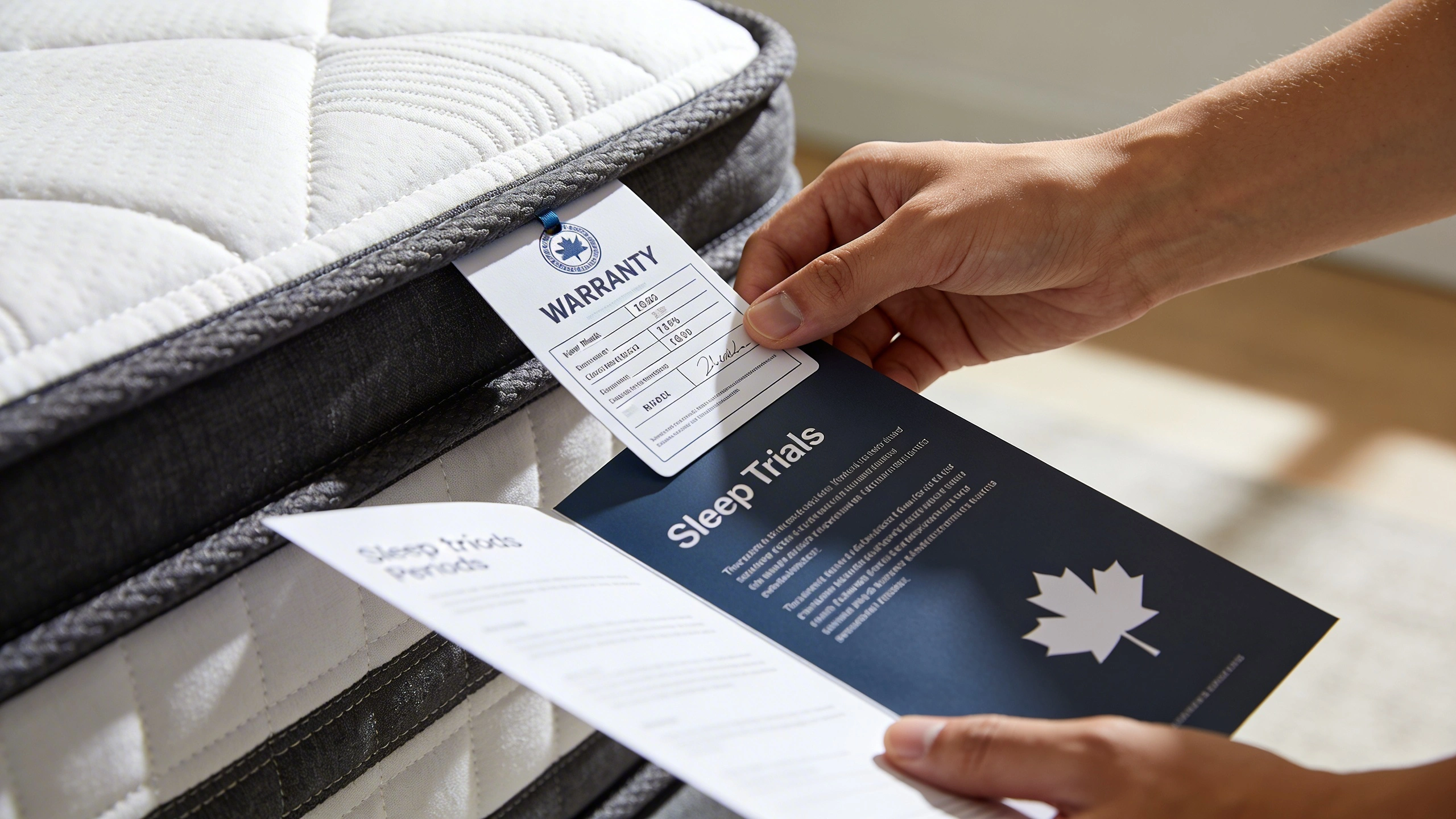 Standard Mattress Sizes in Canada vs. Other Countries visual: Close-up of a new mattress tag showing warranty details, with a person holding a brochure about sleep trial periods beside a neatly made bed. Subtle maple leaf icon on paperwork, clean modern bedroom background, natural light. Photorealistic style, informative and reassuring mood, focus on documents and mattress edge.