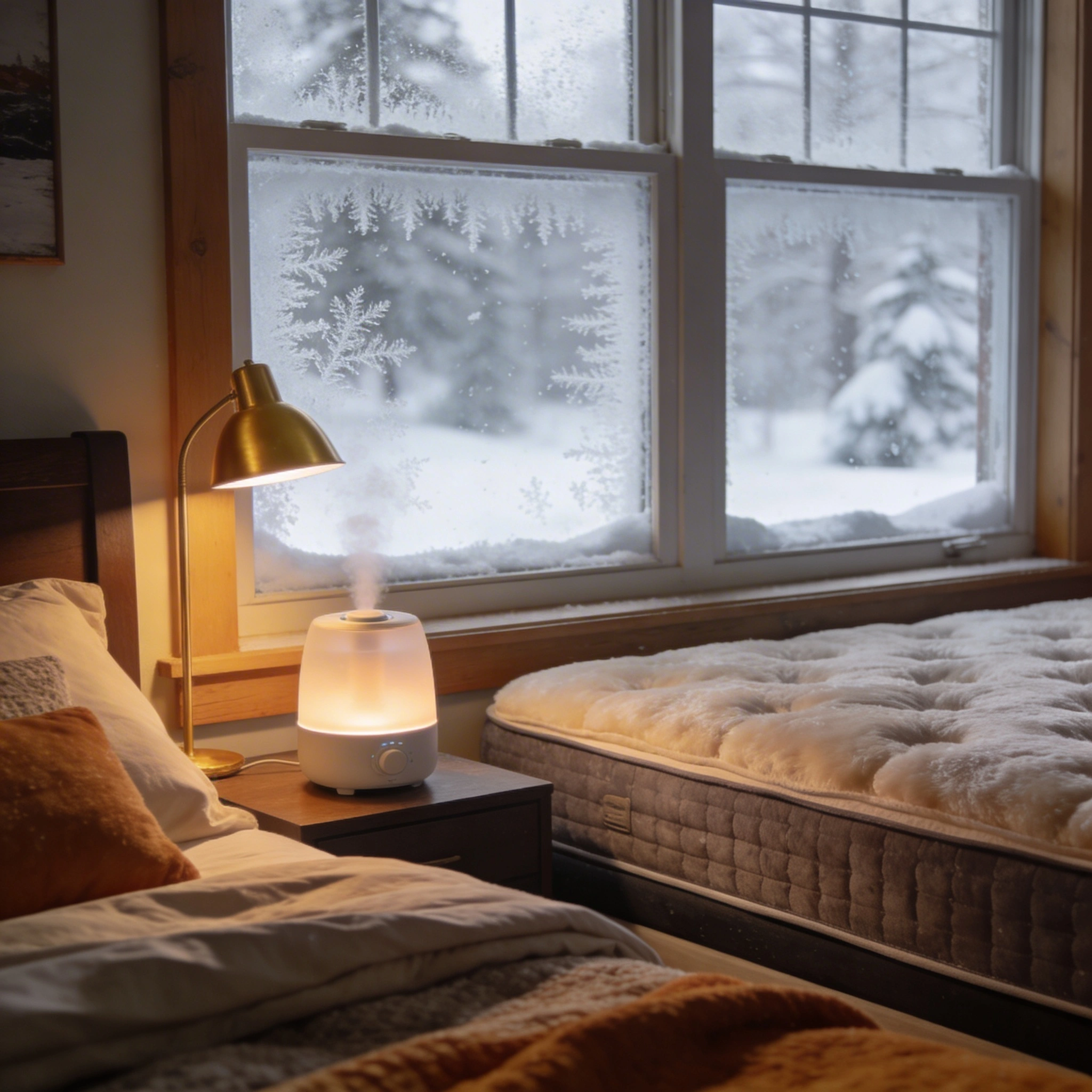 Climate Considerations When Buying a Mattress in Canada visual: Cozy Canadian bedroom in winter: snow visible outside the window, a thick mattress with a plush topper, layered duvets and blankets, and a small humidifier on the nightstand. Warm lighting, soft textures, subtle breath condensation on the window. Photorealistic, warm and snug mood, horizontal composition.