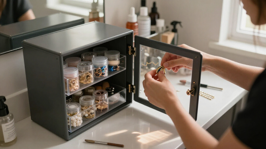locking wall cabinet for supplies for body jewelry