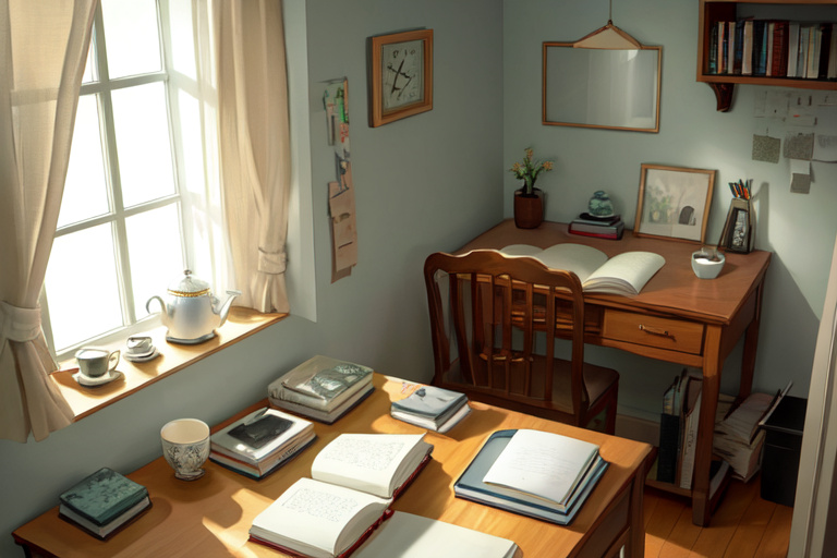 a notebook, a cup of tea and a small clock by a window