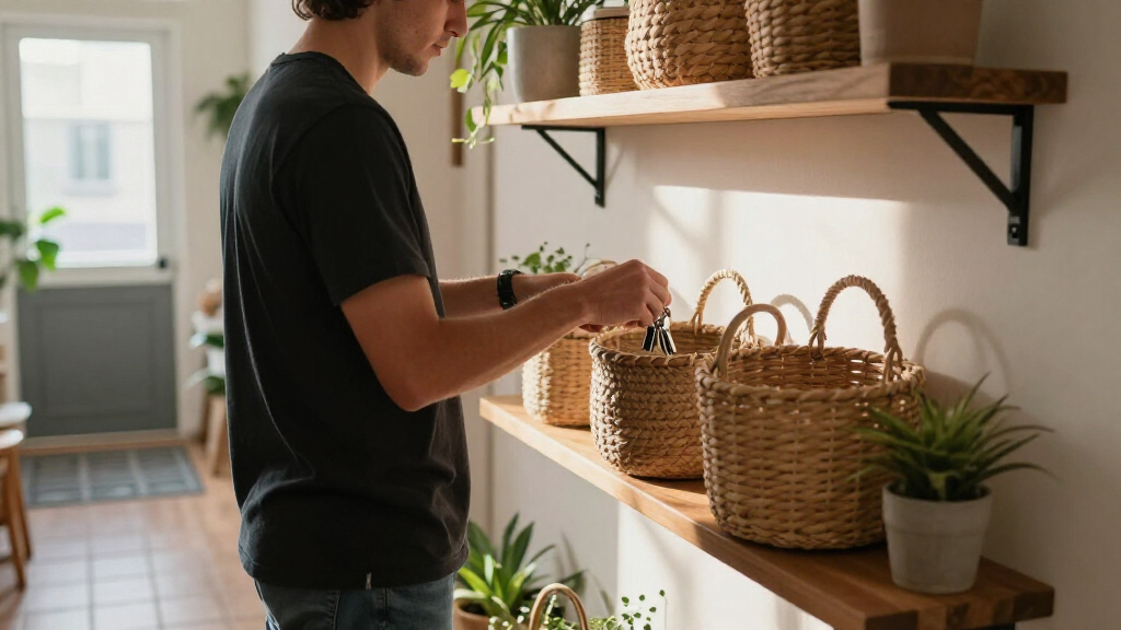 wall shelf with baskets entryway