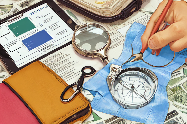 a checklist and a magnifying glass over a wallet and a screen