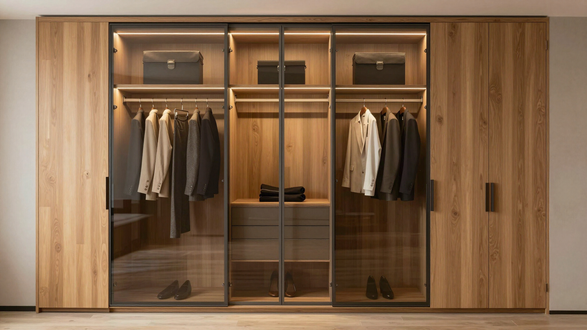 Custom made luxury closets with wood and glass doors, illuminated