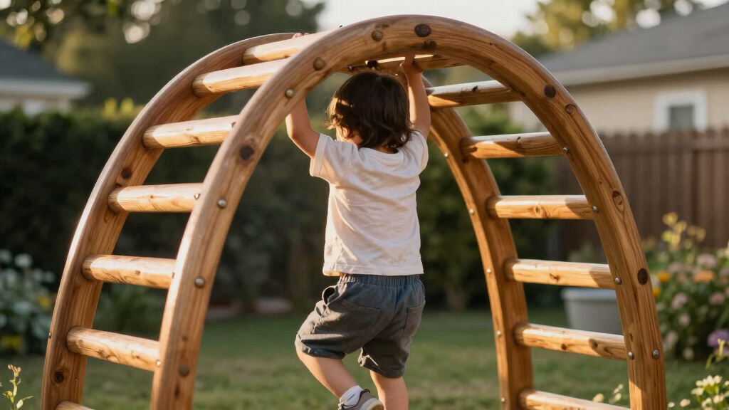 wooden climbing arch with safety rails