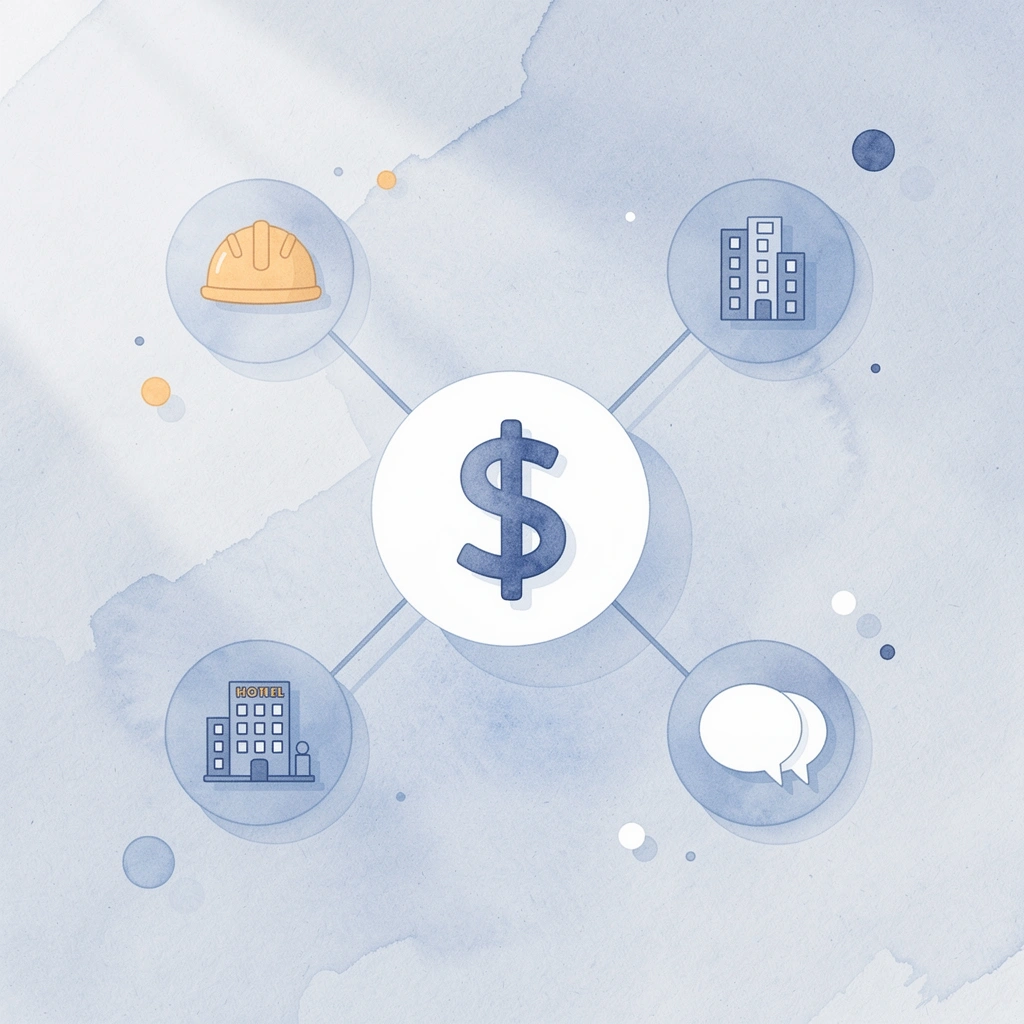 Icon hub showing forecasting connected to pricing, staffing, housekeeping, and guest communication